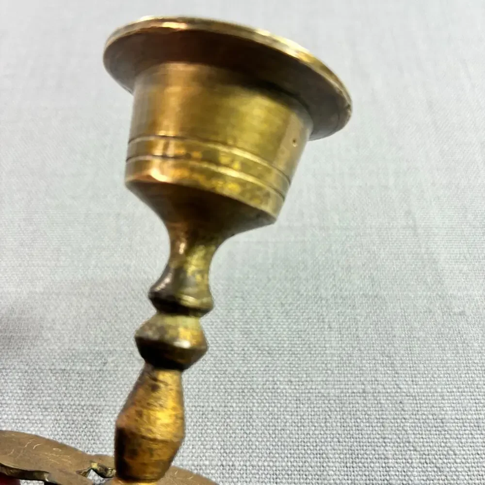 Vintage Brass Mini Chamberstick Finger Loop Candlestick Floral Base China